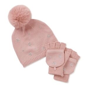NWT HOLIDAY TIME ADULT SNOWFLAKE PINK HAT AND GLOVE SET WITH RHINESTONE *